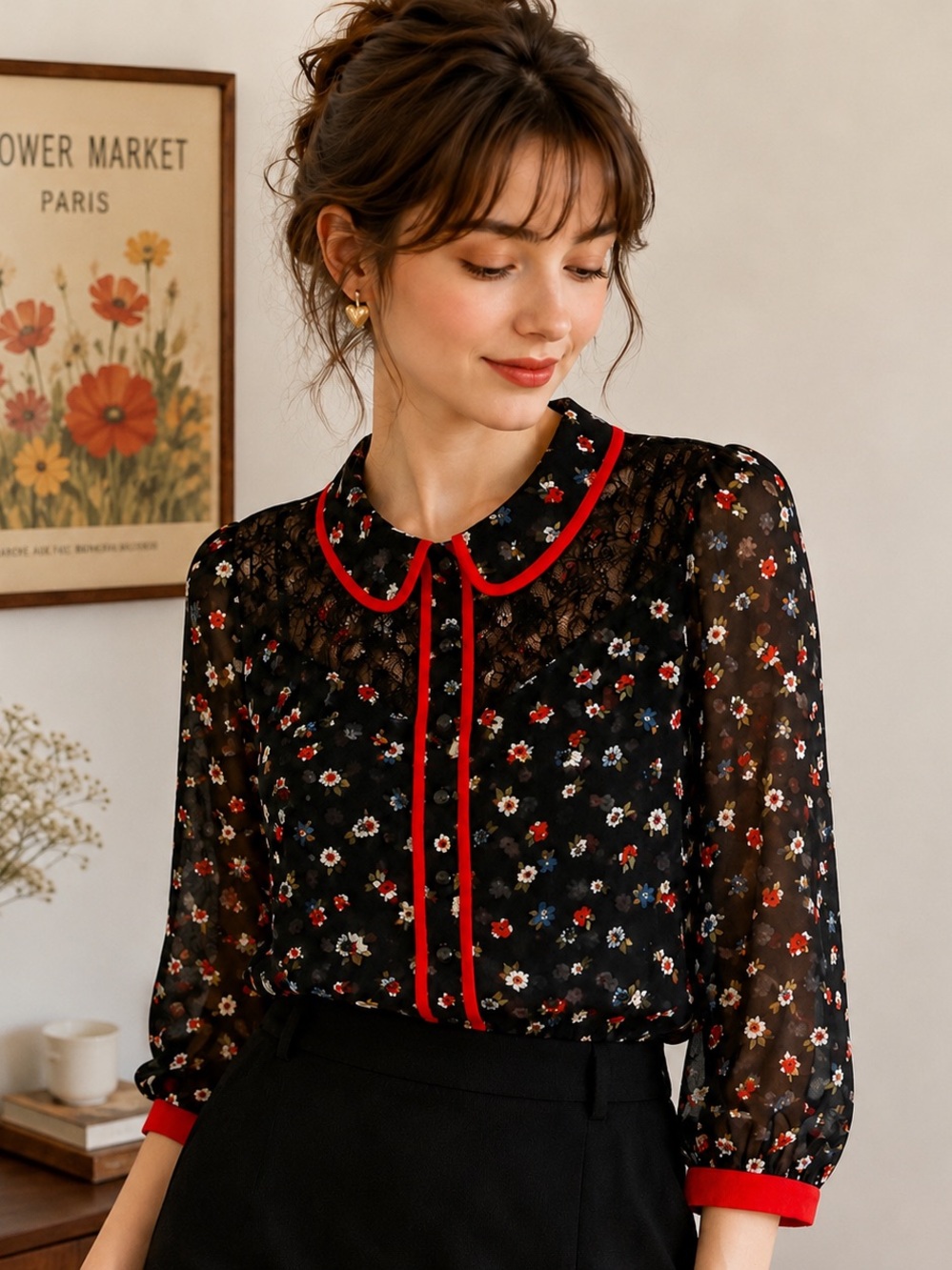 Peter Pan Collar Floral Sheer Blouse Small Black Red Vintage Coquette Cottagecor